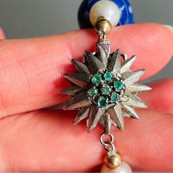 14K White Gold Emerald Pearl CHINESE Blue Floral Porcelain Bead Bracelet… - Picture 7 of 10